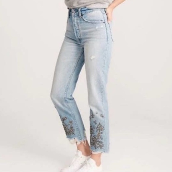 Abercrombie and Fitch Annie High Rise Straight Raw Hem Beaded Embroidered Jeans - Picture 2 of 13